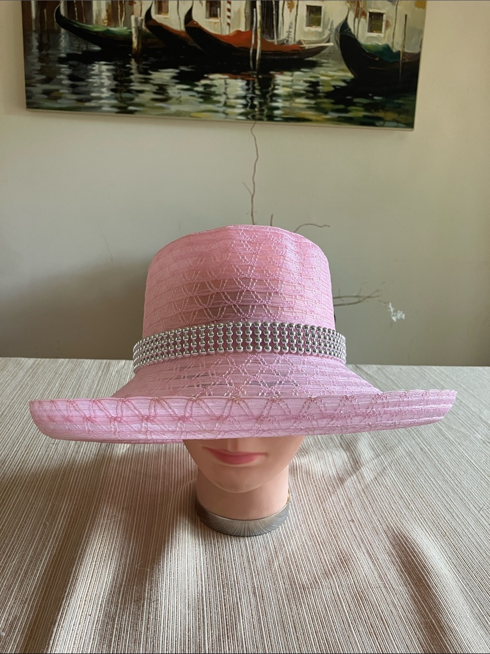 Chic Pink Wide-Brim Hat with Silver Beaded Band